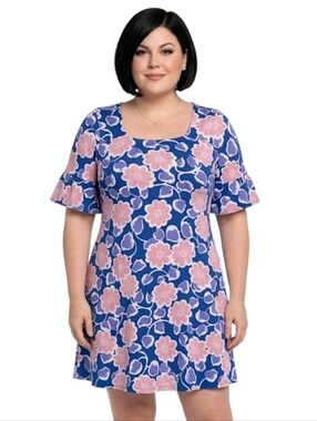 Ruby Rd Favorites Blue Floral Patterned Square Neck Ruffle Sleeve Dress Size 1X